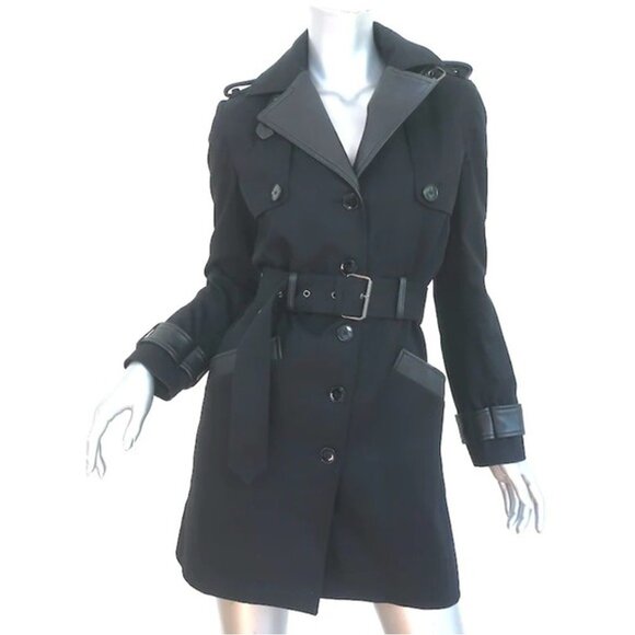 THE KOOPLES Black Leather Trim Belted Trench Coat - Picture 4 of 13